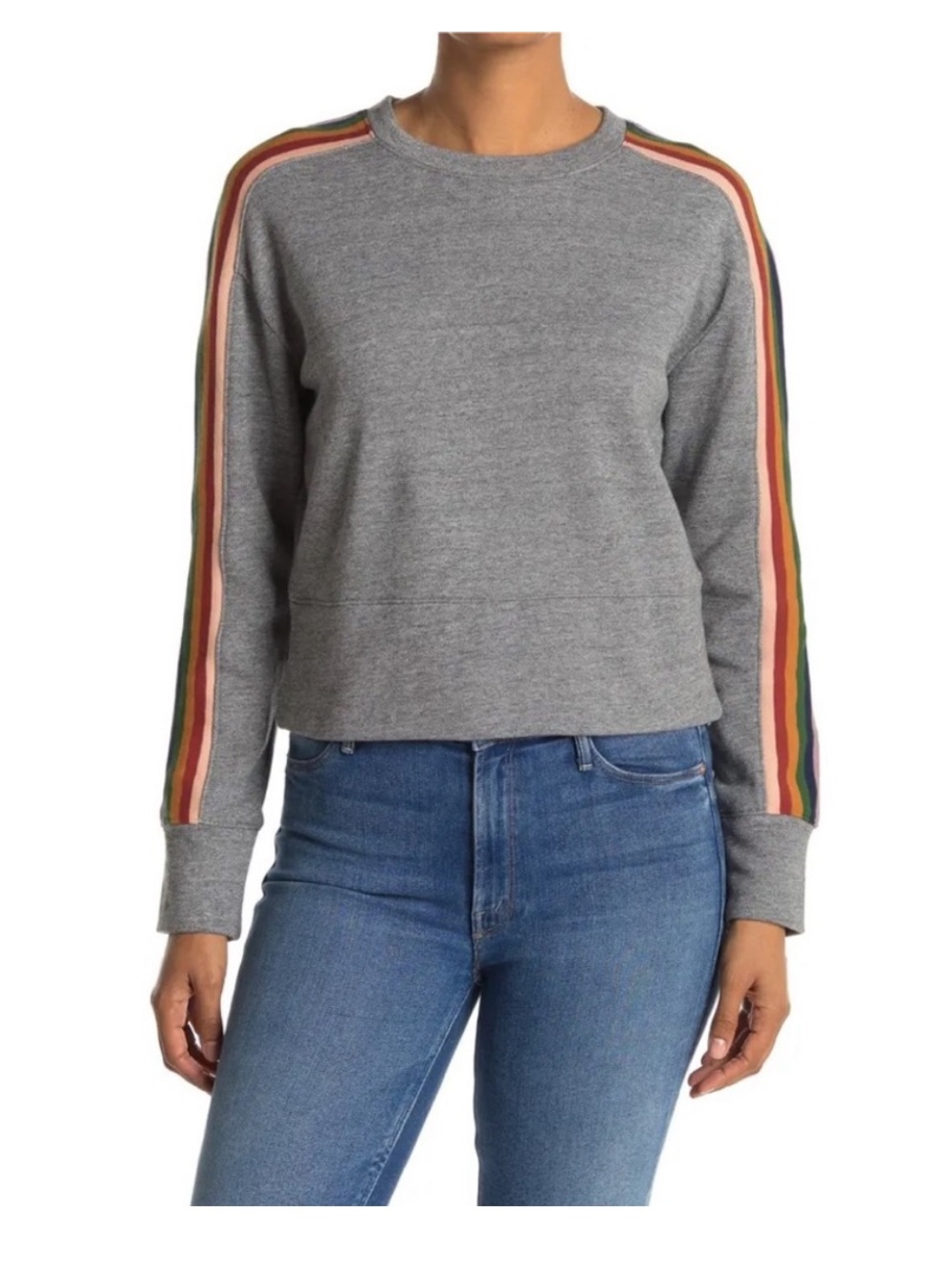 Madewell Gray Rainbow Stripe Cropped Crewneck Sweatshirt Size Medium - Picture 2 of 12